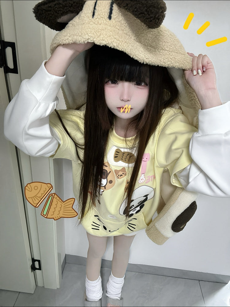 Cozy Khaki Kitty Ear Hood Fleece Vest with Taiyaki and Cat Embroidery Adorable Cat Pockets