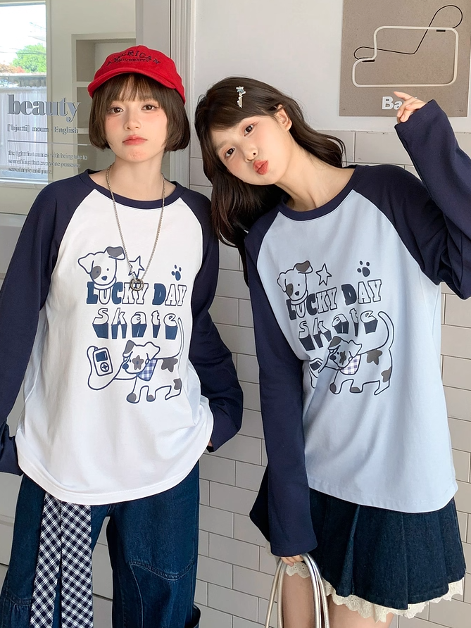 Top White/Blue Colorblock Design Adorable Puppy Print Loose