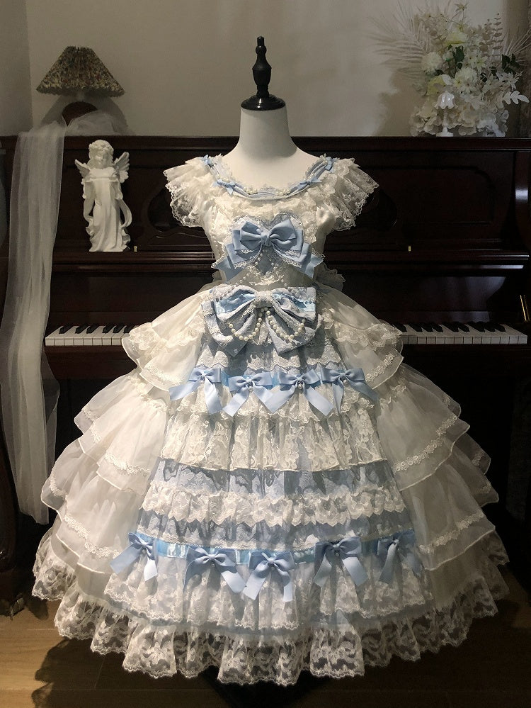 Hime Lolita Bows Skirt and Blue Hanayome White Decoration Tiered Dress