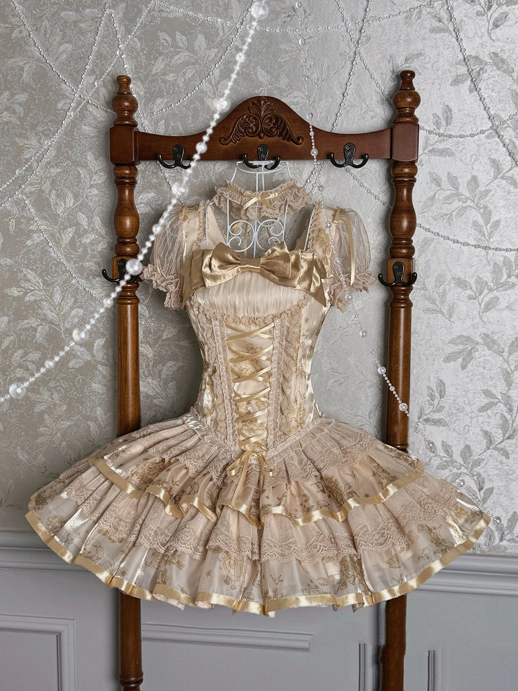 Print Sleeves Puff Kitty Lolita Short Bunny Corset and Dress Champagne
