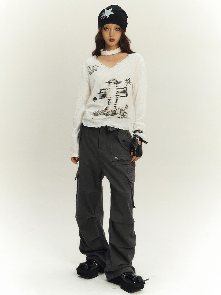 White Sweater Choker Cross V-neck Punk with