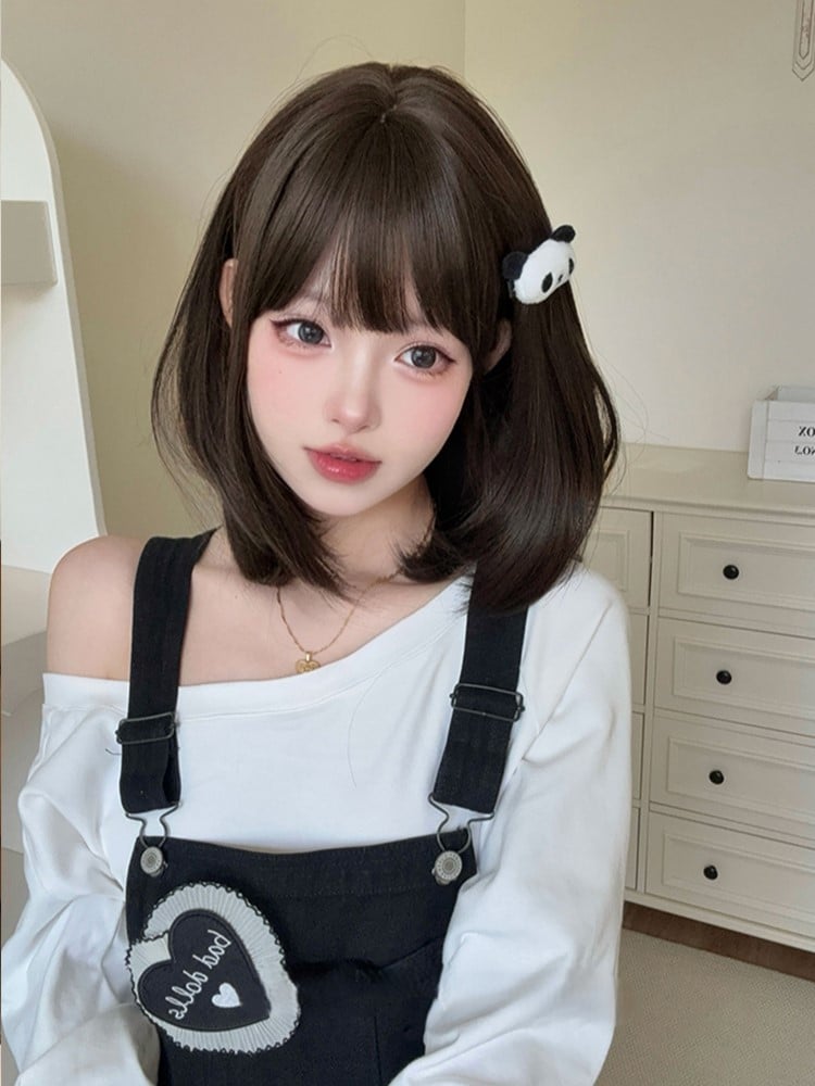 Wig 40CM With Brown Air Length Dark Bangs Synthetic