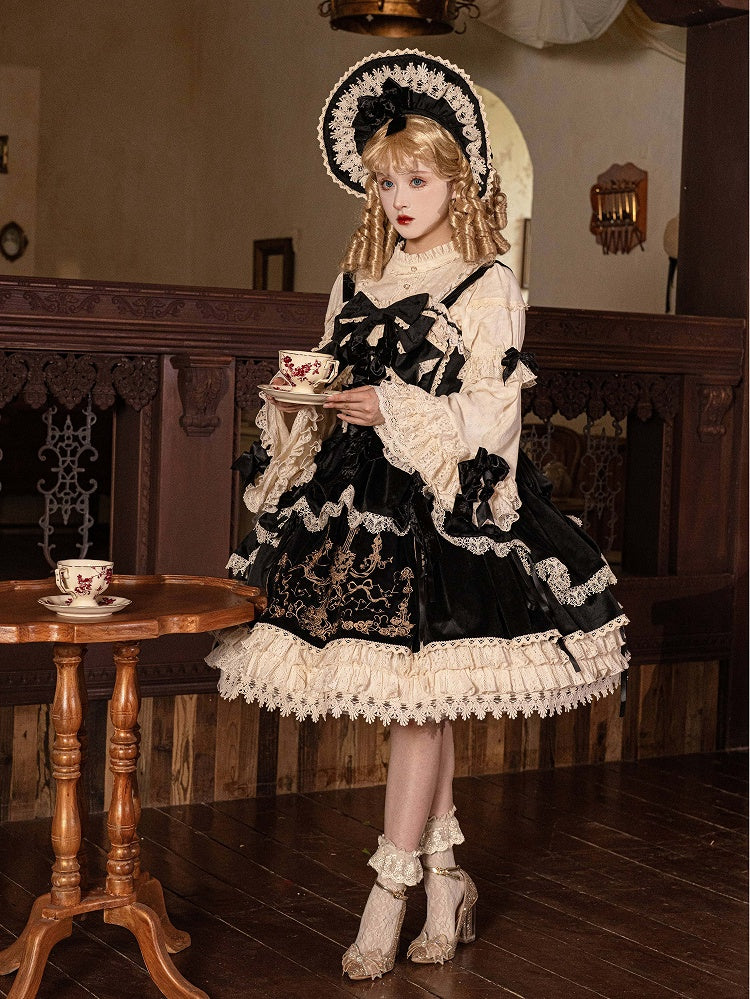 Black Lolita Candle Bows Dress Velvet JSK / Decoration Embroidery
