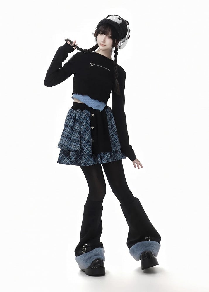 Blue and Black Fake Two-Piece Round Neck Top