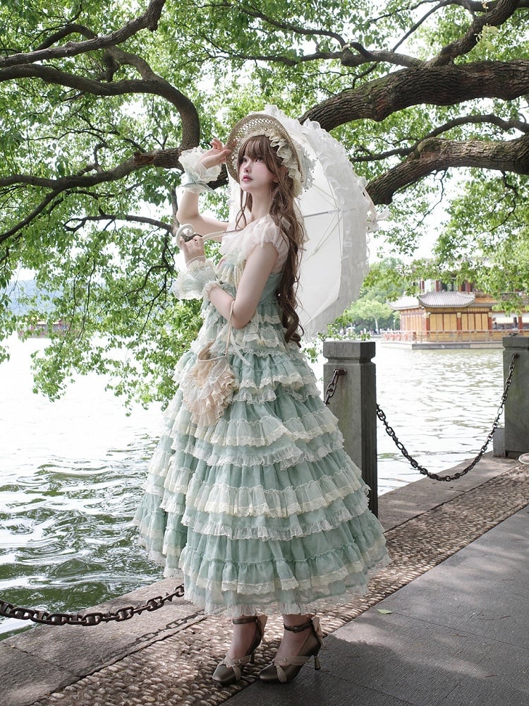 Goldfish Adjustable Dress and Green with Straps Lolita Embroidery Ruffle Multi-Layered Sweet