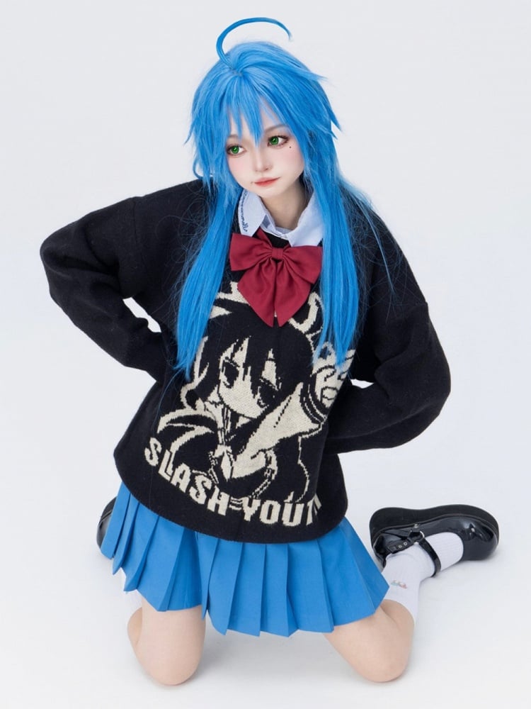 Cartoon Girl Knitted Print And Letter Sweater Black