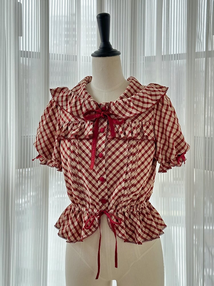 Bluse Rot mit Kapuze Muster Kurze Lolita Ärmel Plaid