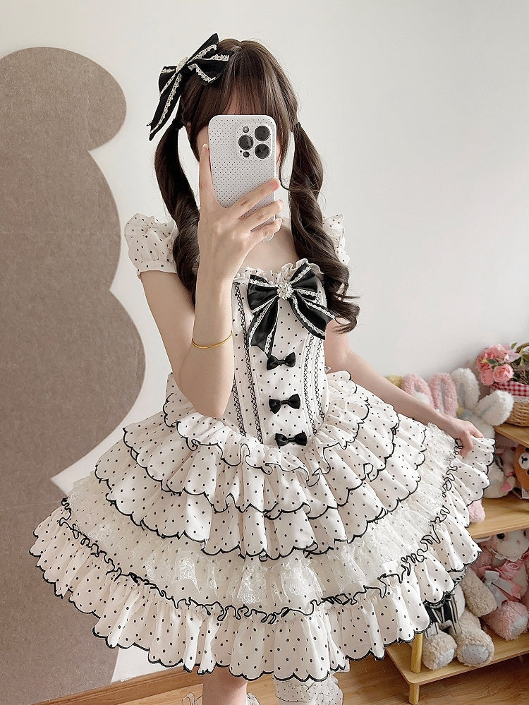 Süßes Lolita-Kleid mit Punkten, vielseitigem OP/JSK-Design und gestuftem Saum, Weiß