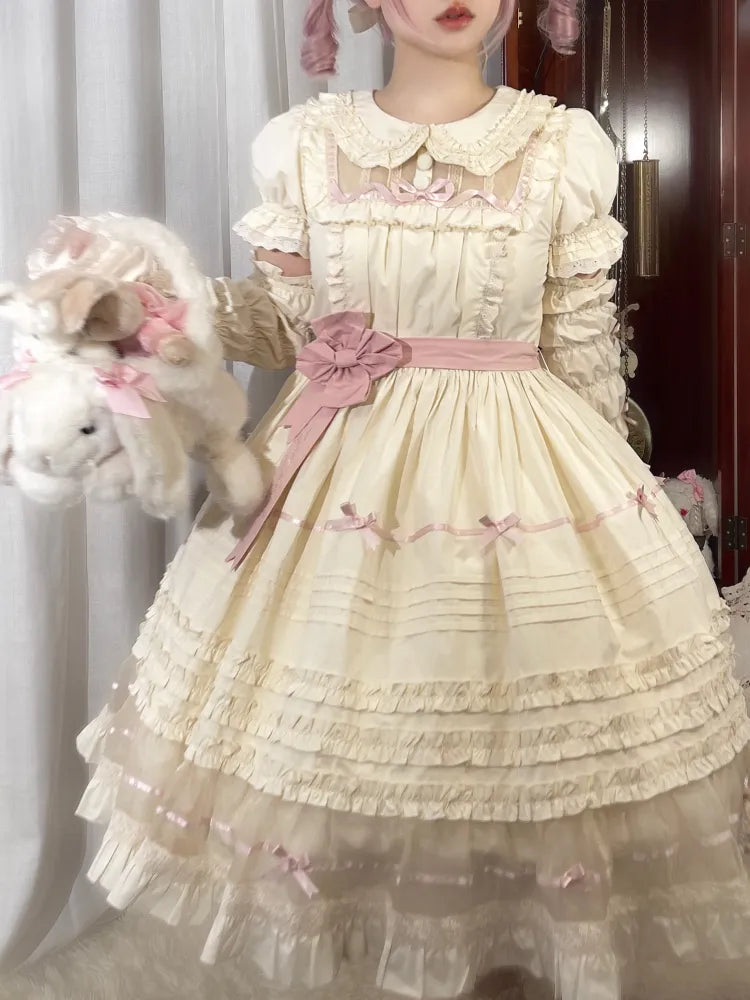 Lolita Pink Beige Peter Dress Cotton Bow and Collar Accents Pan