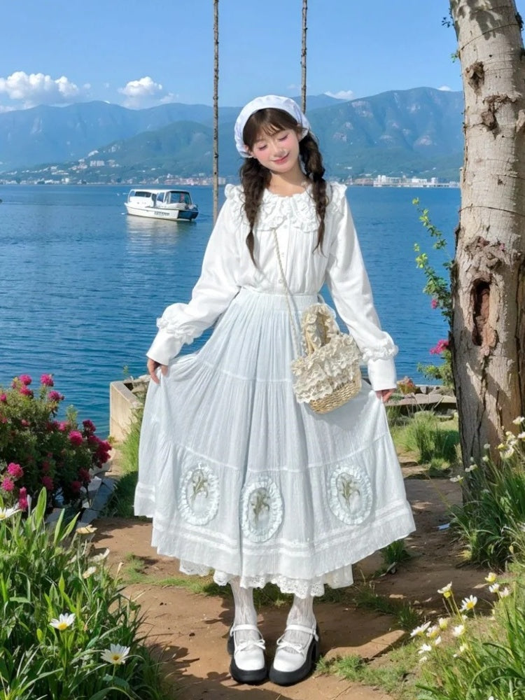 Skirt Light Blue Lily-of-the-Valley Embroidered Lace Trim Cutton