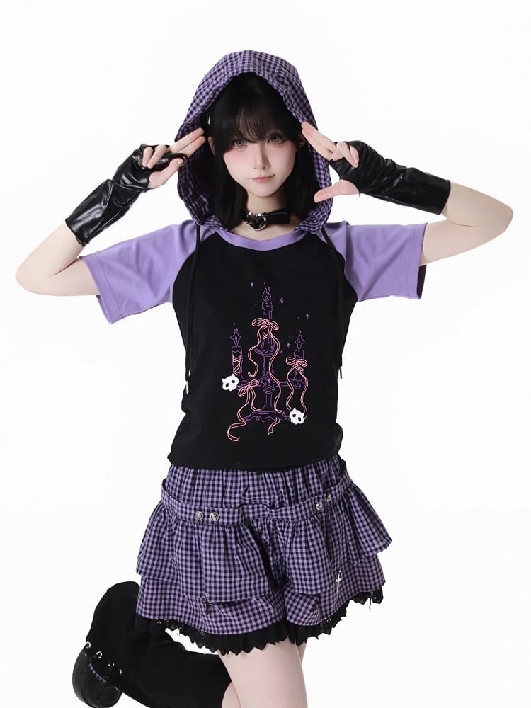 Plaid Hood Graphic T-Shirt Black Purple Colorblock Design
