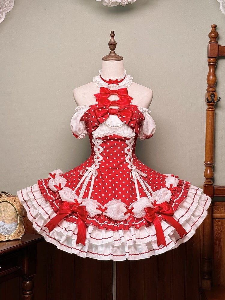 und Puffkleid mit gepunkteten Ärmeln, Schul-Polka-Lolita-Ausschnitt mit altroten Akzenten, Neckholder-Schleife