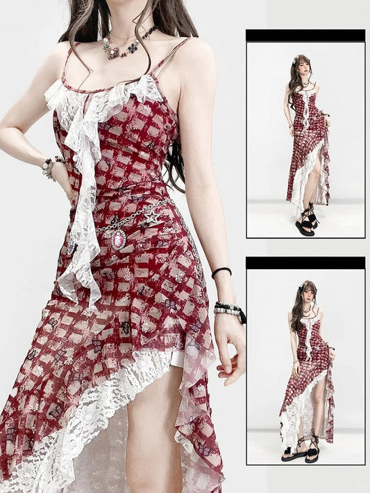 Saum Glamouröses Bittersüßes Muster Roter Rock Weißes Kleid Cami Set- Karierte Spitze Schmetterling Asymmetrisch +