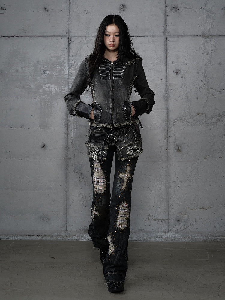 Plaid Distressed Patches Jeans Hem Punk with Frayed Black Wash Cross