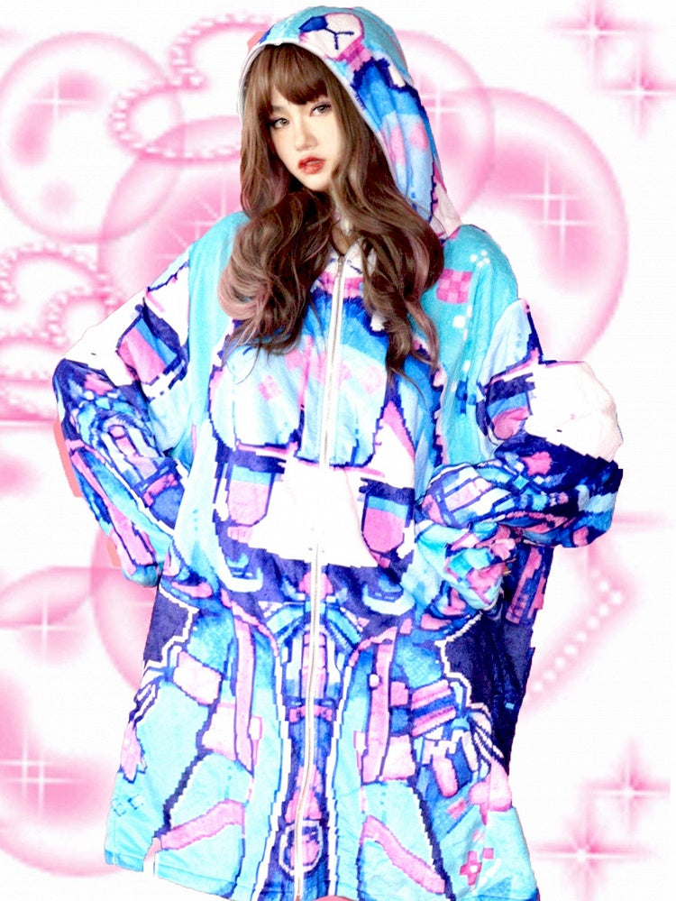 Blueberry Y2K Blaue Kapuzenjacke mit Bären-Print, Cartoon