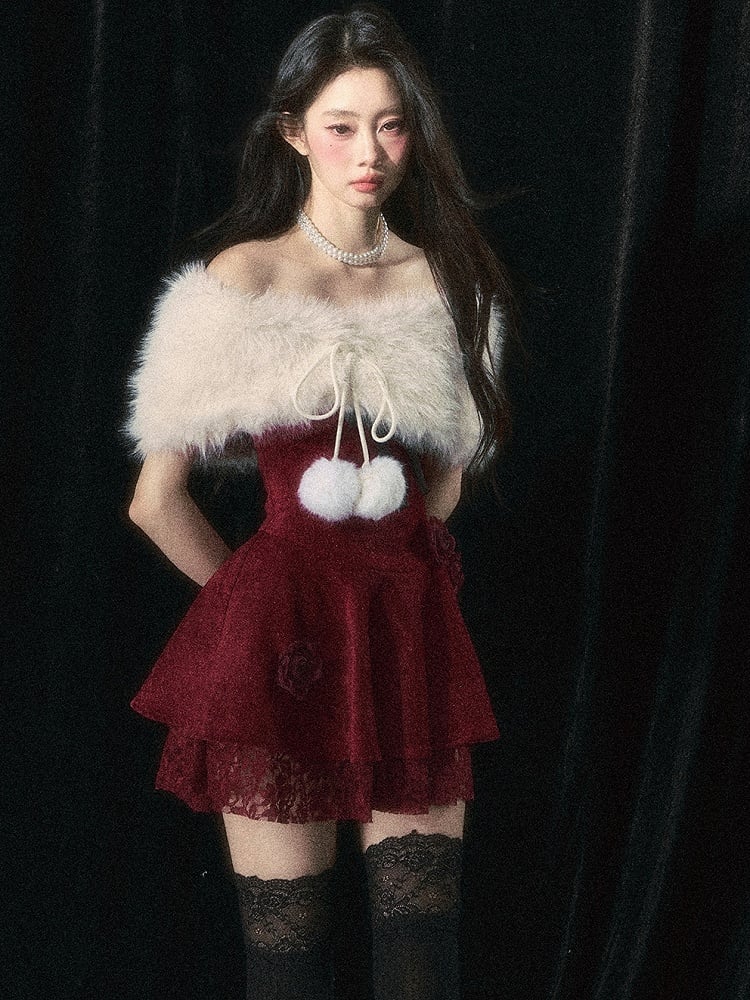 Roses Embellishments Christmas Wine Red Strapless Dress with Plush Shawl Set