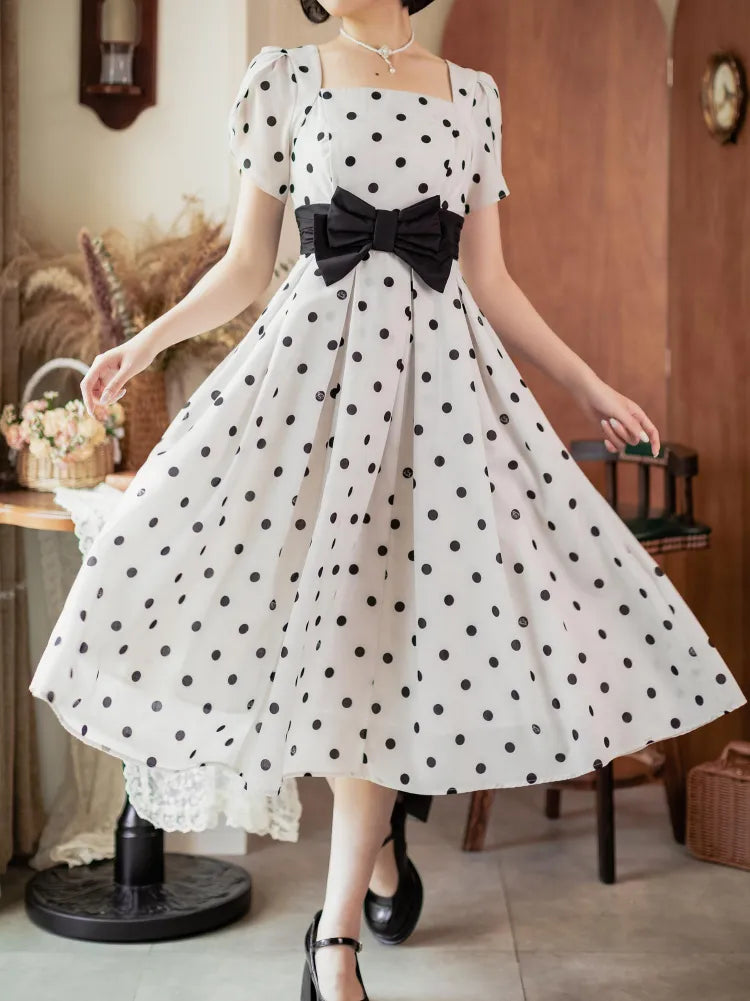 and Neckline Polka Dots Square Petal Dress Sleeves Black White Pattern