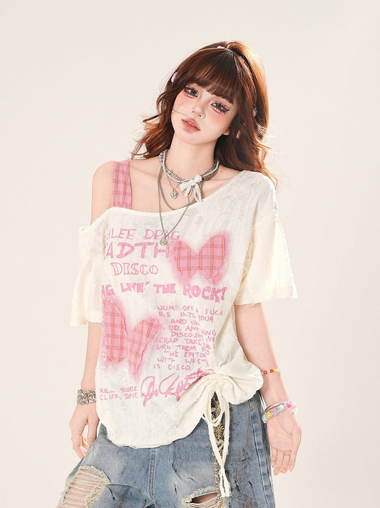 Asymmetrical Neckline Butterfly Appliques Apricot Sweet T-Shirt Distressed Holes