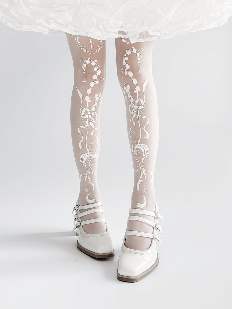 Tights Gothic Lily of the Valley and Cross Print Shiro Lolita
