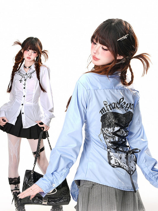 Back at White/Blue with Lace-up Detail Cross Chain Print Shirt