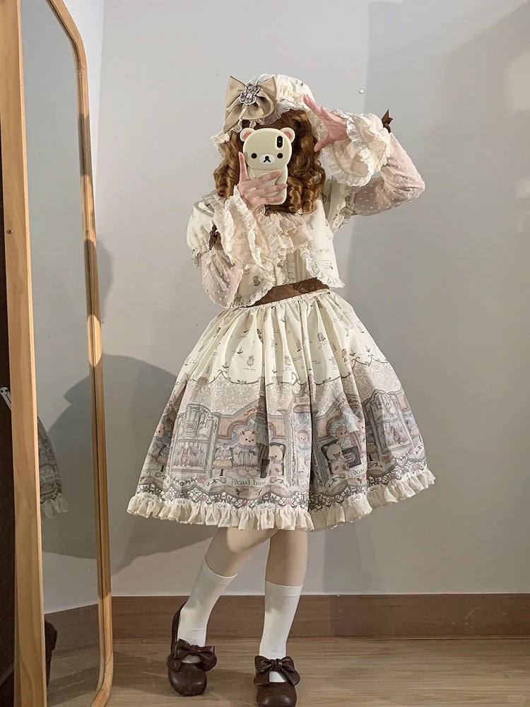 Beige Sweet Teddy Lolita Dress Fake Two-pieces Design