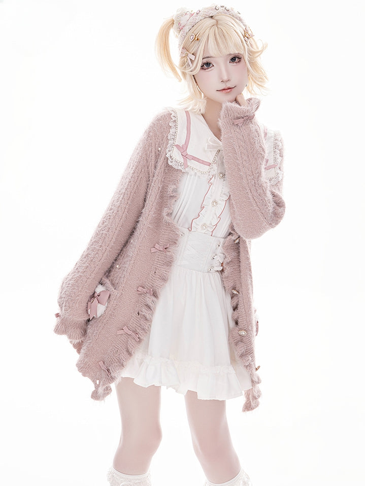 Jirai Kei – Weiche Strickjacke im Landminenstil mit staubigem Rosa und Schleifenakzenten