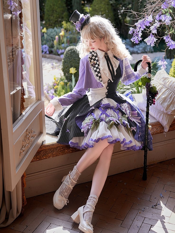 Waistcoat Tops - Blazer Cropped Ouji Set Half-plaid Half-stripes Purple Lolita Half-black + Half-white Backless Pattern