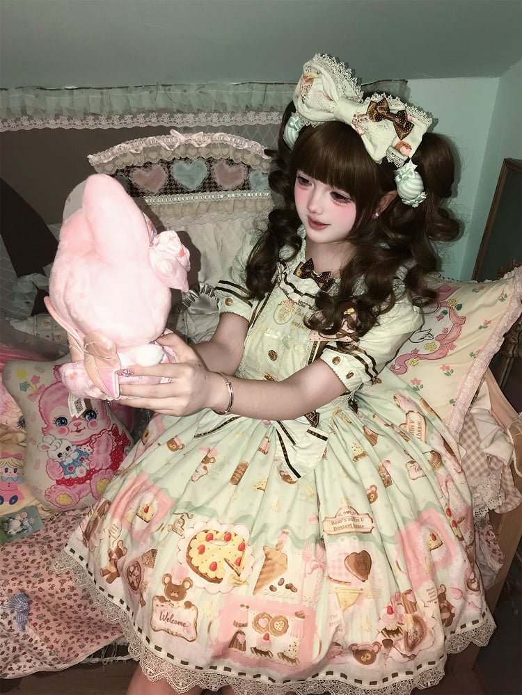 Green Sweet Mint Lolita Theme Desserts Two-pieces Print Dress Fake Design Bear