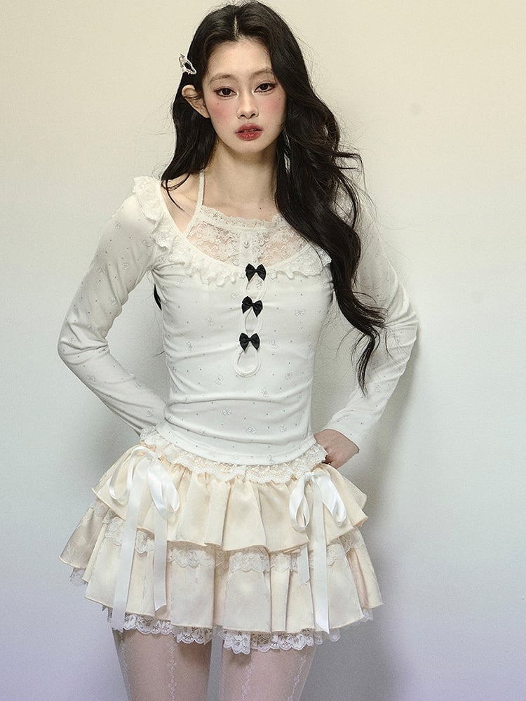 Apricot Bow Accents Lace Trim Tiered Mini Skirt
