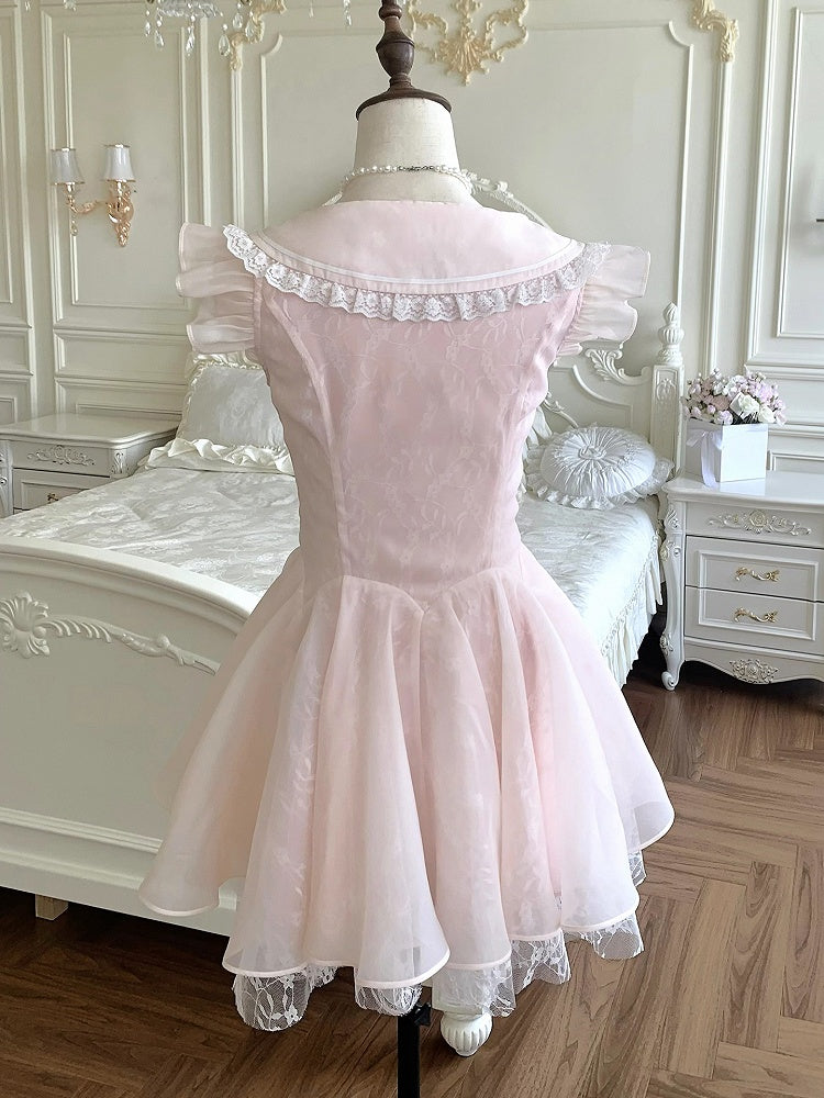 Trim Flutter Sleeves Balletcore Pink Lace-up Waist Lace Dress