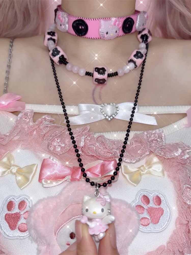 キティペンダント マルチレイヤー ピンクビーズネックレス
