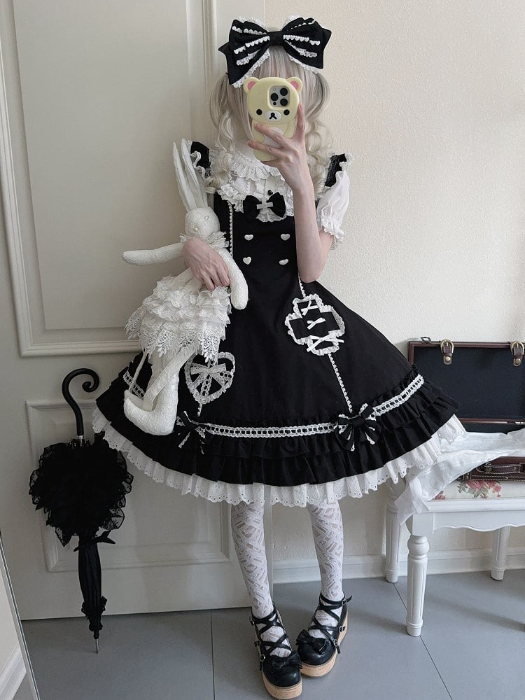 Trimmed Dress Neckline Straps Black Scalloped Flutter Lolita Nurse Eyelet Shoulder