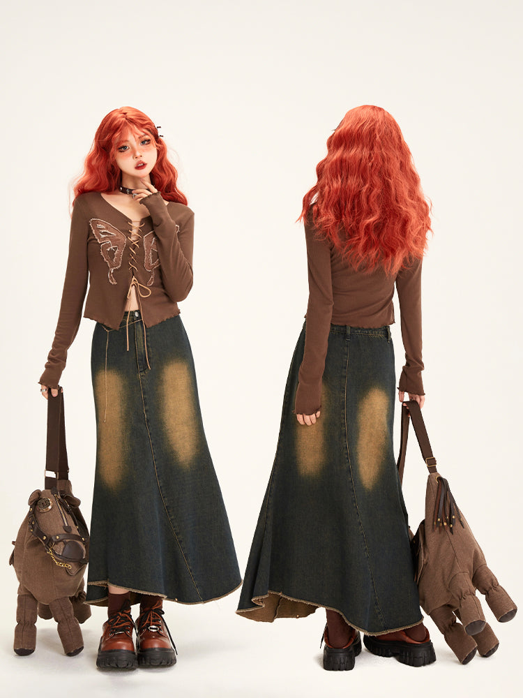 Blue Irregular Skirt Washed with Mermaid Hem Denim Vintage