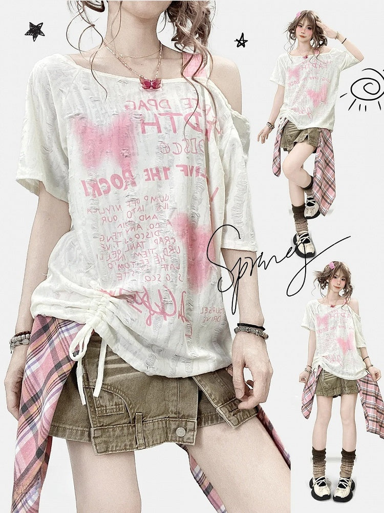 Asymmetrisches Y2K Bittersweet Neckline Letter Butterfly T-Shirt Off-White und Print