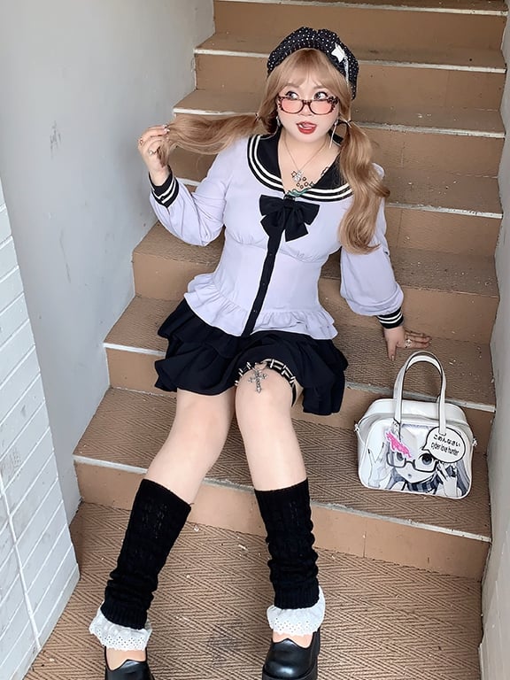 Tiered Skirt Purple + Black Sailor Collar Sleeves Blouse Set - Uniform Bishop Plus Size JK