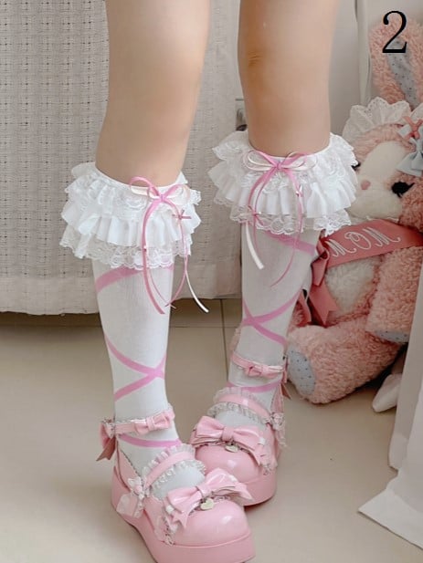 With White Ruffled Lolita Calf Banded Cuffs Hollow-out Pattern Socks Crisscorss