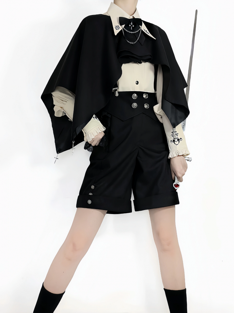 王子ファッション ブラック フォールドオーバー ウエスト ショーツ