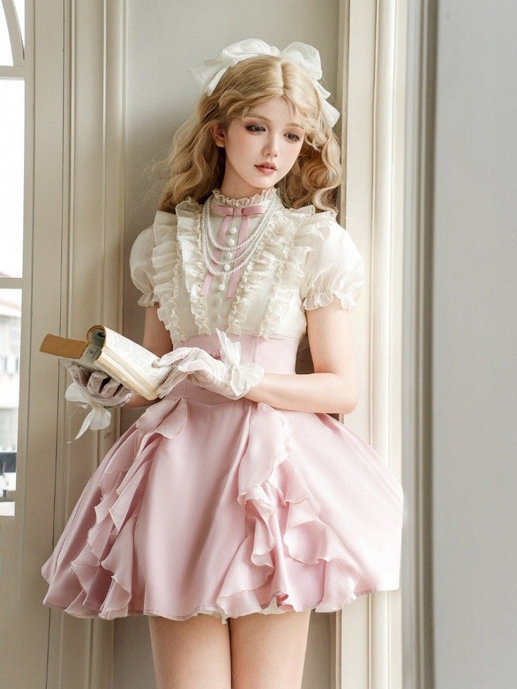 and Fake Blouse Boned Pieces Design Apricot Pink Skirt Lolita Waist Dress Two