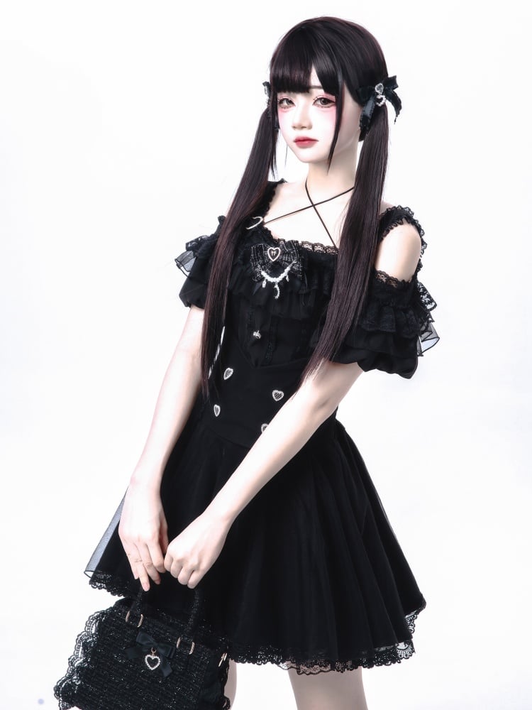 Trim Skirt Buttons Lace Sweetheart with Jirai Kei Black High Waist