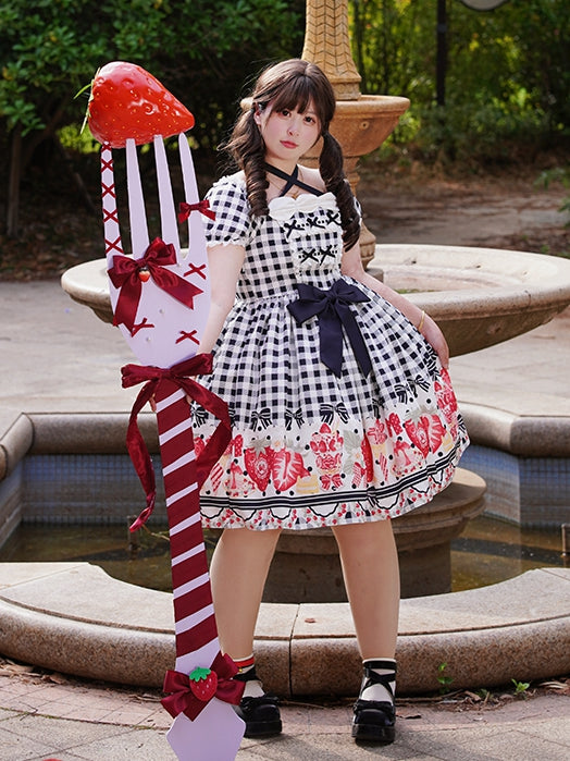 Black Strawberry Print Plus Lolita Gingham and Dress Bow Size