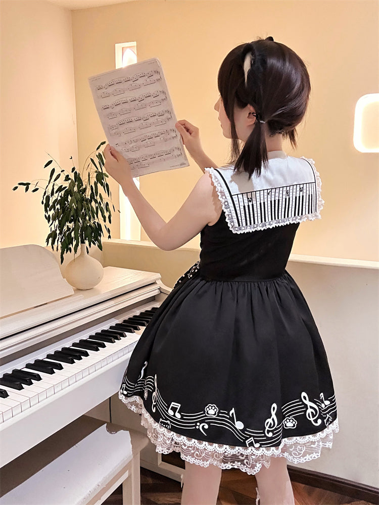 Design Sleeveless Melodic Kitty Black Sailor Collar Keyboard Dress Back