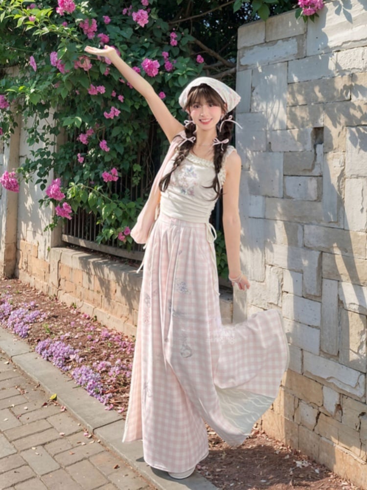 White Ruffled Waist Tank Top Square Neckline Butterfly Print Drawstring