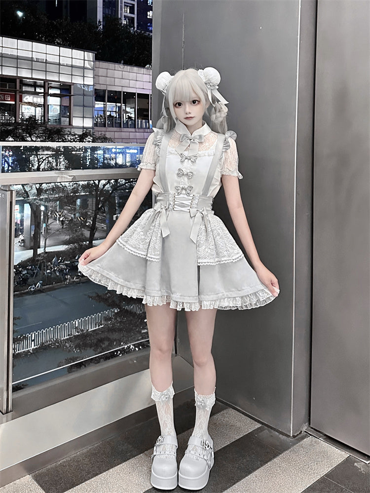 Ruffled Lace Trim Flutter Sleeves Kei Embellished Gray Bowknots Jirai Overalls