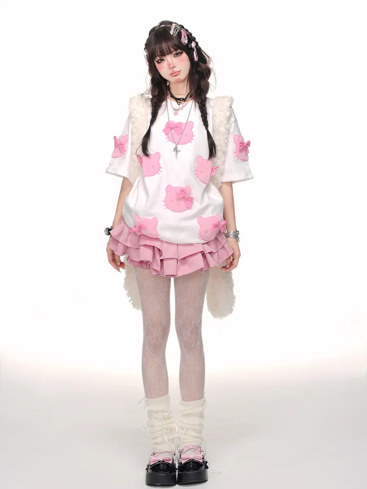 White/Pink Bowknot T-shirt Pattern Cute Kitty