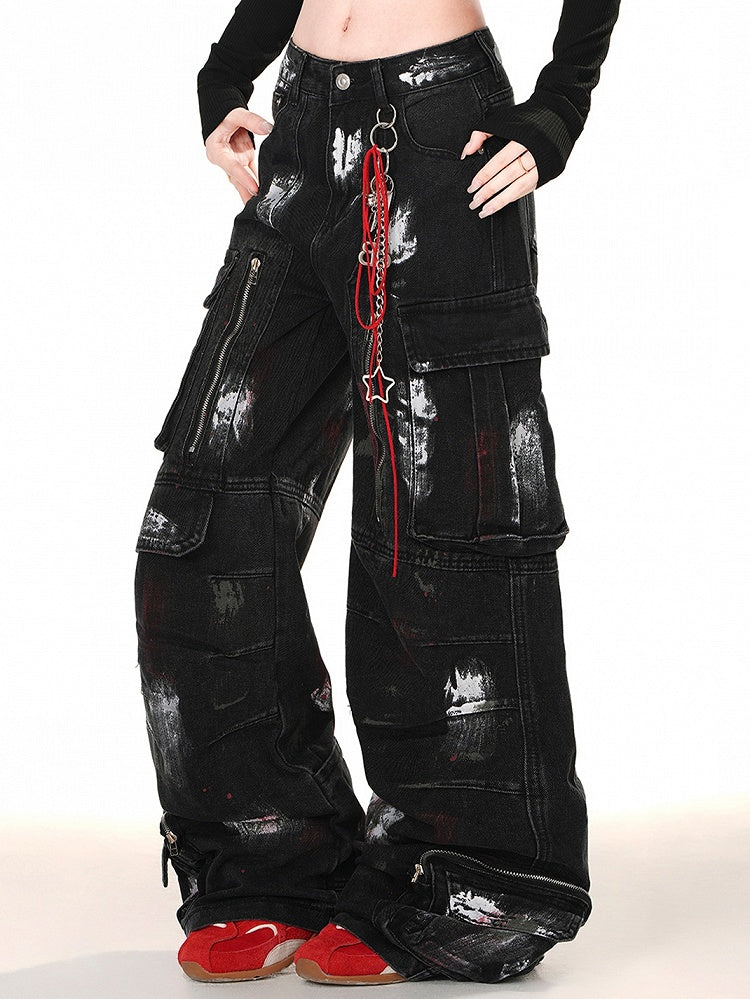 Cut Zipper Black with Wide-leg Cargo Jeans Spray Paint Print Design