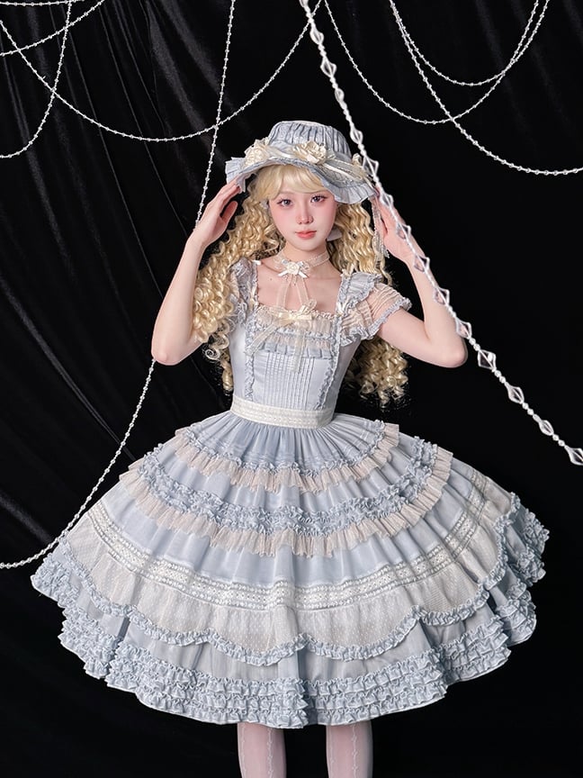 Elegante Verzierungen Plissee Rüschen Klassisches Lolita Kleid Blau Details und