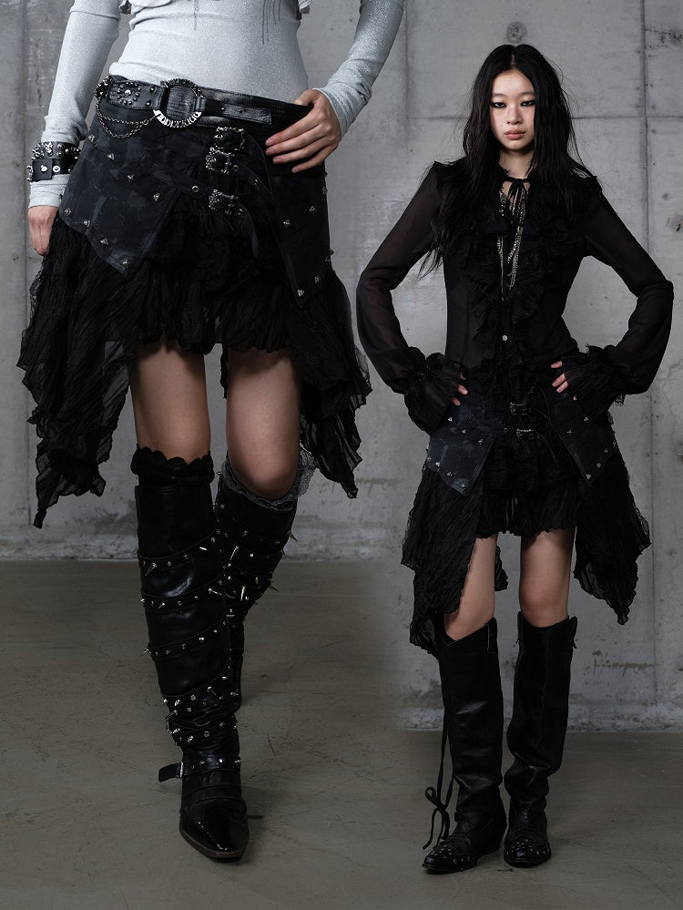 with Hem PU Asymmetrical Flair Skirt Black Studded Punk Edgy Lace Patchwork