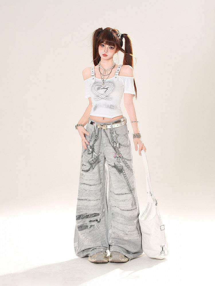 Gray Low Rise Chains Print Distressed Wide-Leg Jeans