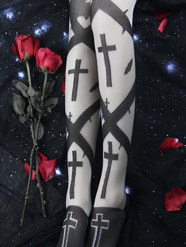 Cross Overknee Stockings Black/White Print Gothic