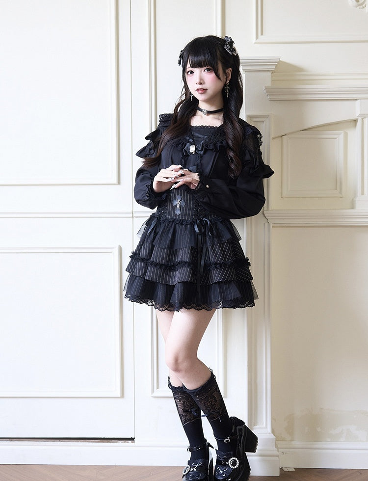 Black Rhinestones Bowknots Blouse Jirai Kei Sailor Collar Ruffled Lace Trim